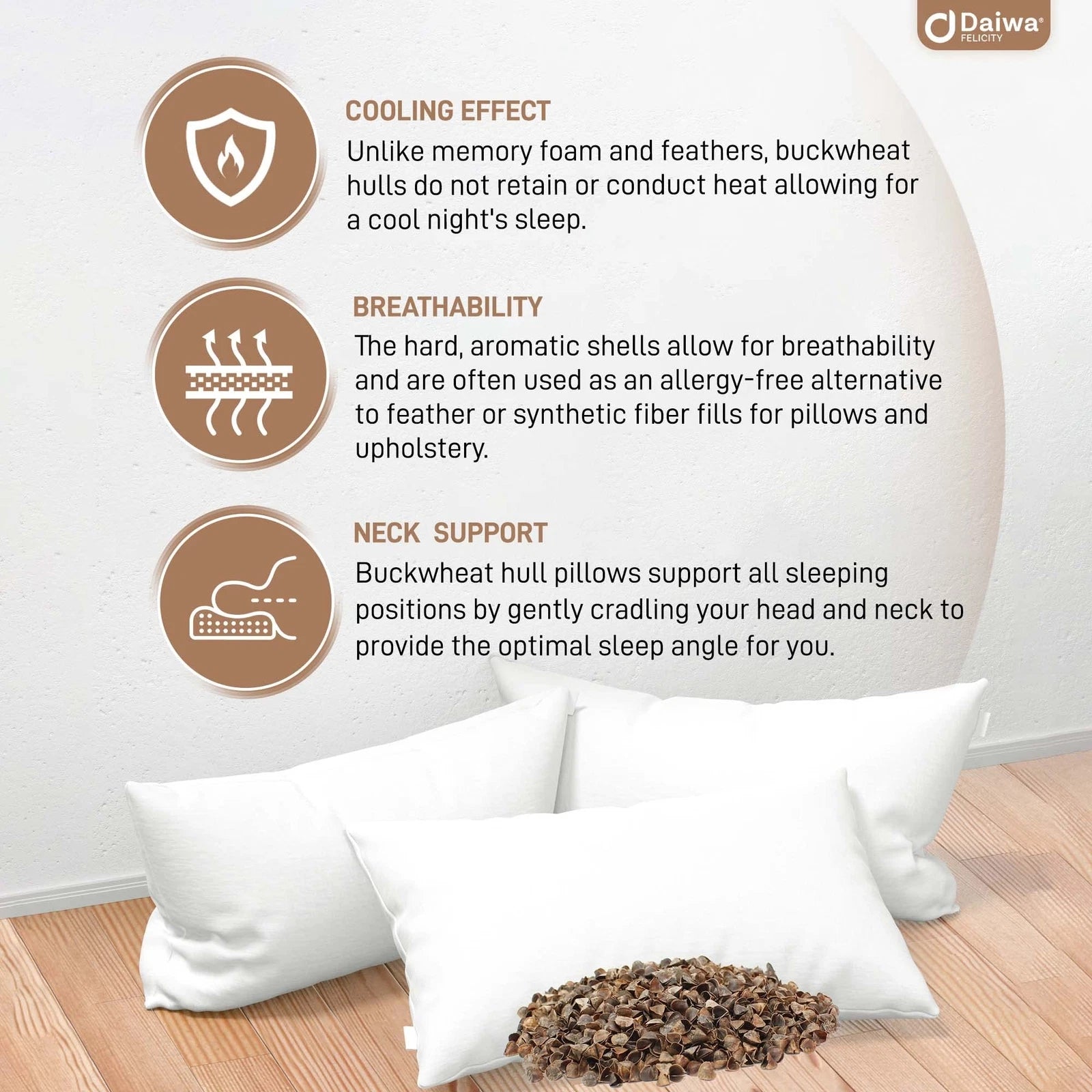 Daiwa Felicity Natural Premium Buckwheat Sobakawa Pillow with Pillow Protective Cover